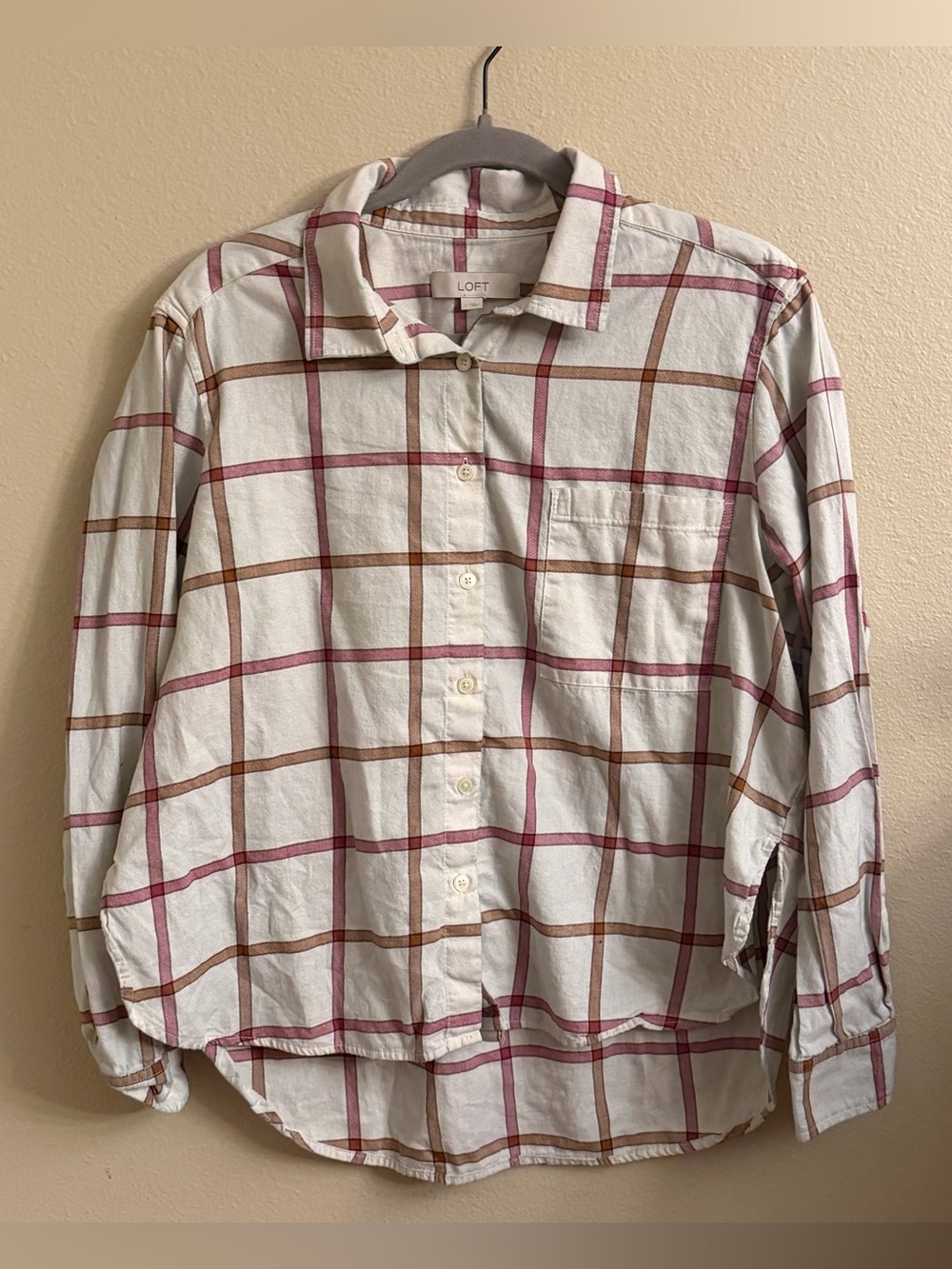LOFT White Button-Down Shirt with Marron and Brown Windowpane Plaid- Size L